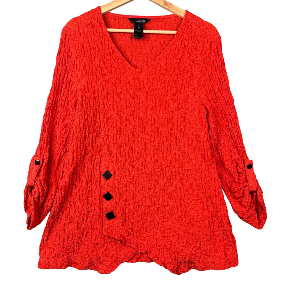 Ali Miles Red Textured V-Neck Asymmetric Hem Roll-Tab Sleeve Tunic Top PL